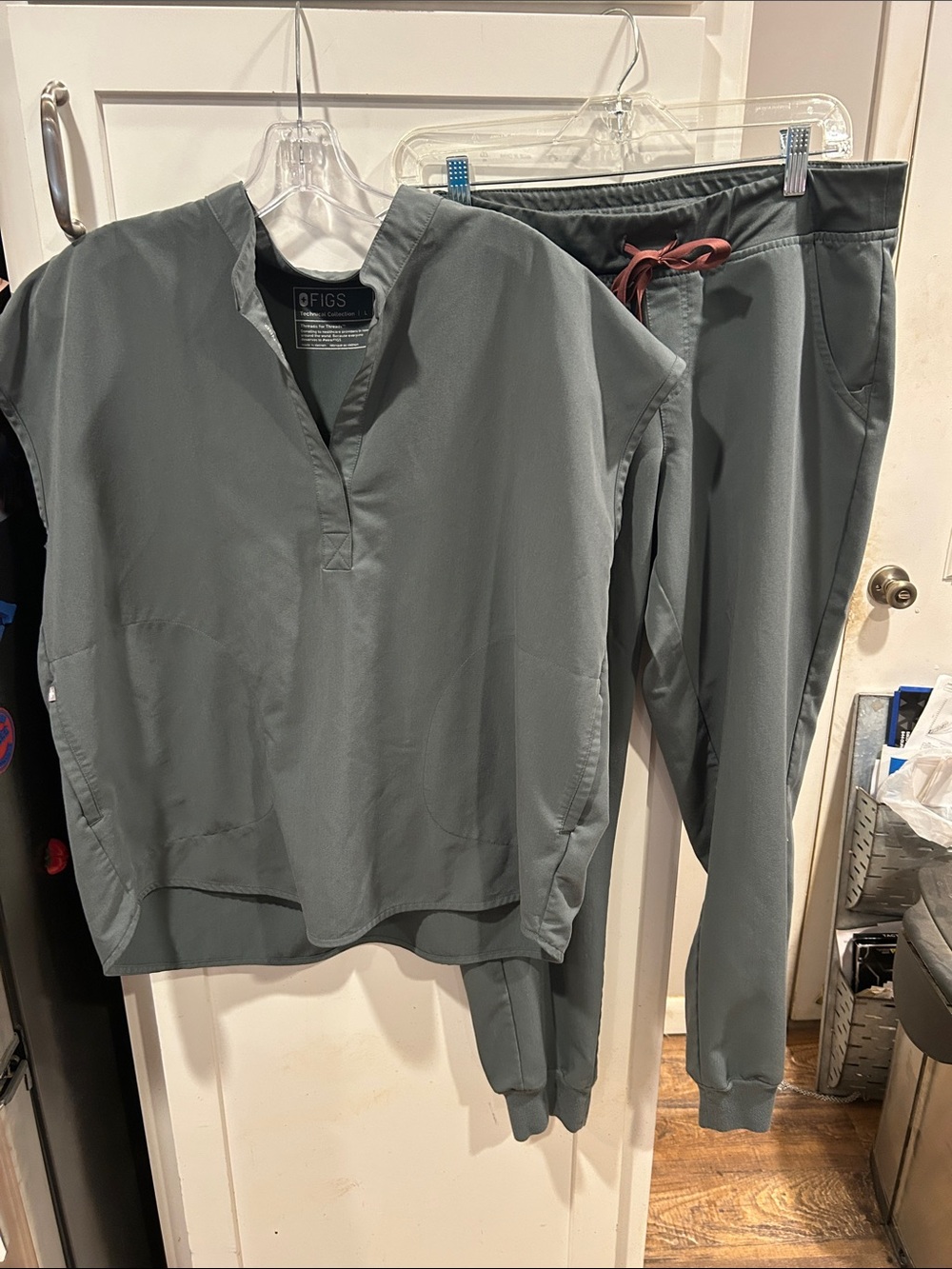 Figs Women's Scrub Top & Joggers in Slate Green with Maroon Drawstring